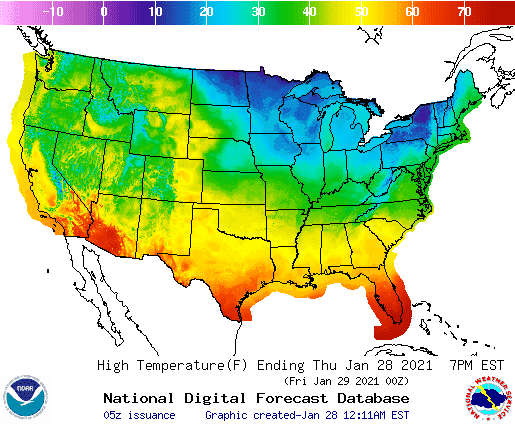 National Weather Service Temperature Map January 28, 2021