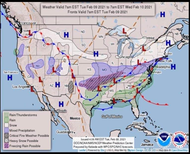 National Weather Service map – Feb. 10-11, 2021