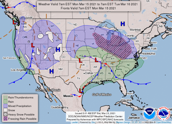 National Weather Service Weather Map March 15-16, 2021