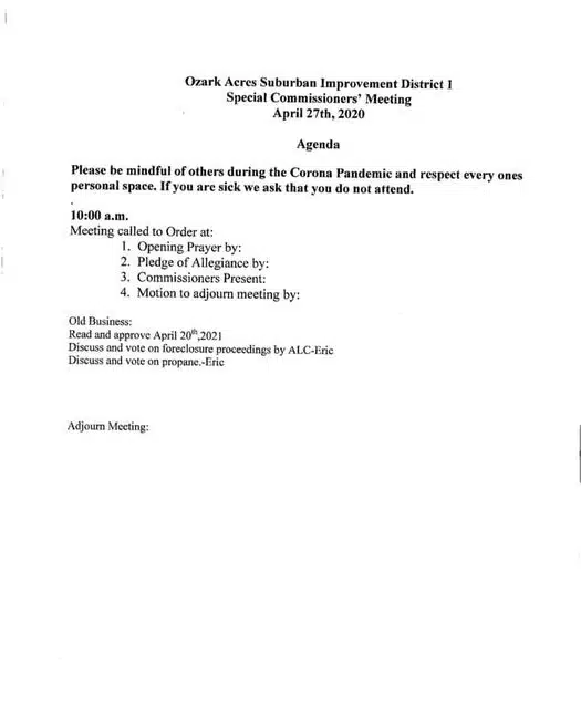 Ozark Acres Agenda for April 27 meeting