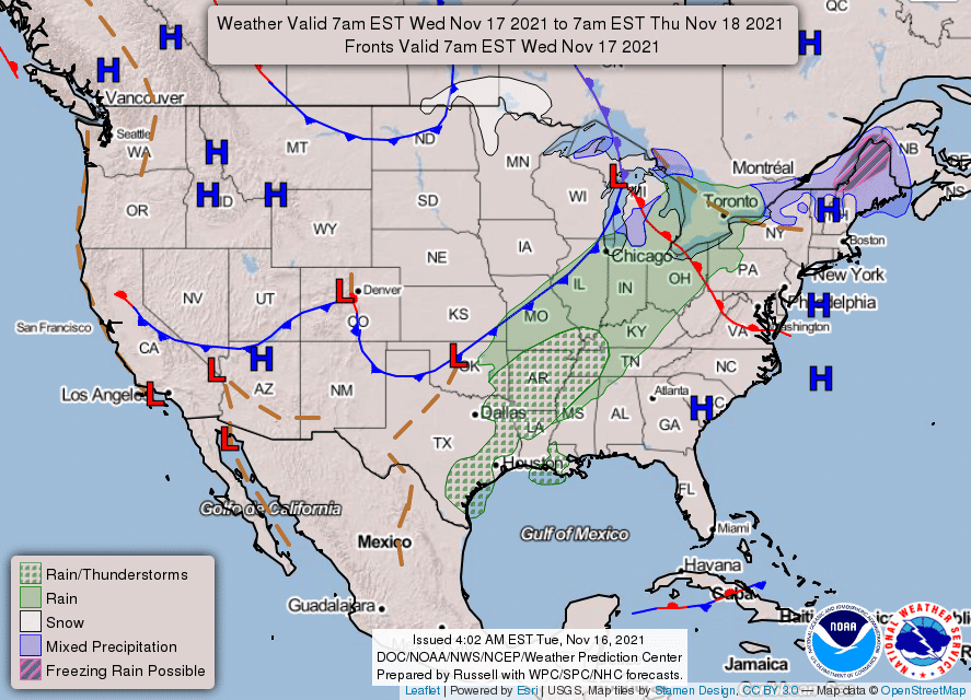 National Weather Service map Nov. 17, 2021 - Hallmark Times