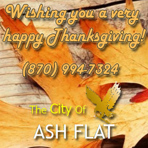 Thanksgiving greeting from Ash Flat with contact number.